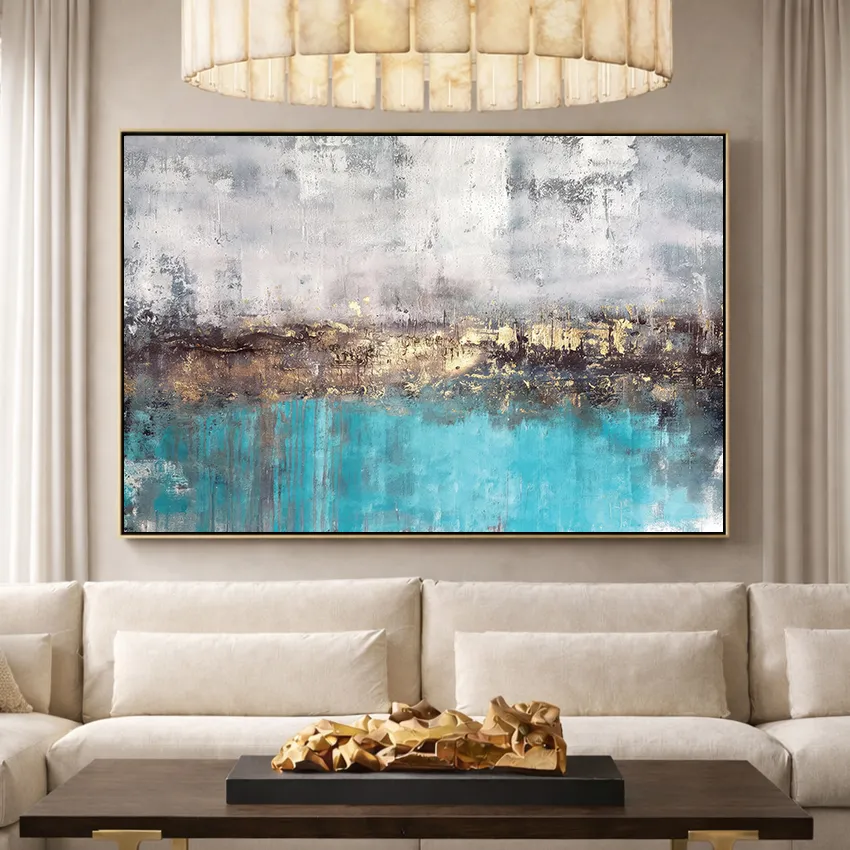 Abstract White Texture over Teal Band Wall Art I