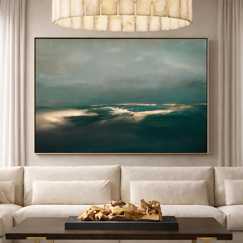 Deep Teal Grey Calm Sea Mist Abstract Wall Art for Tranquility
