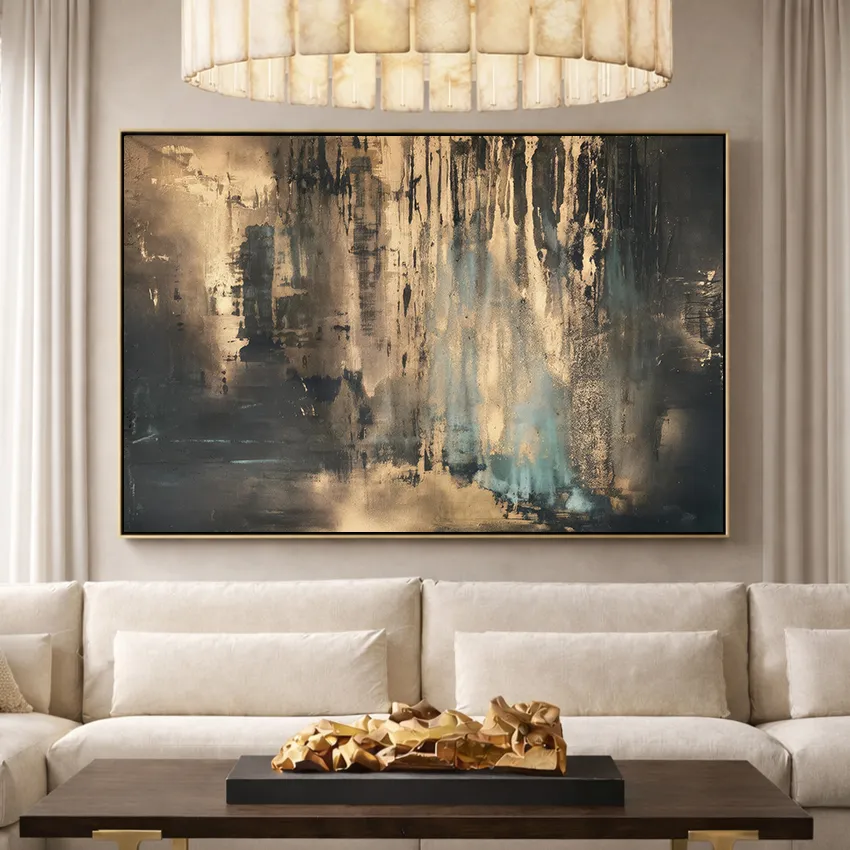 Rich Black Gold Brown Vertical Drips Abstract Wall Art for Luxe Depth