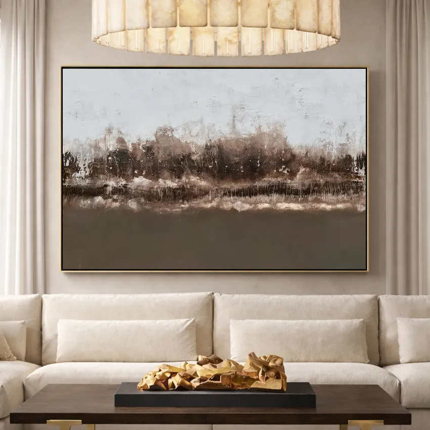 Earthy Grey Brown Reed Line Shore Abstract Wall Art for Natural Calm