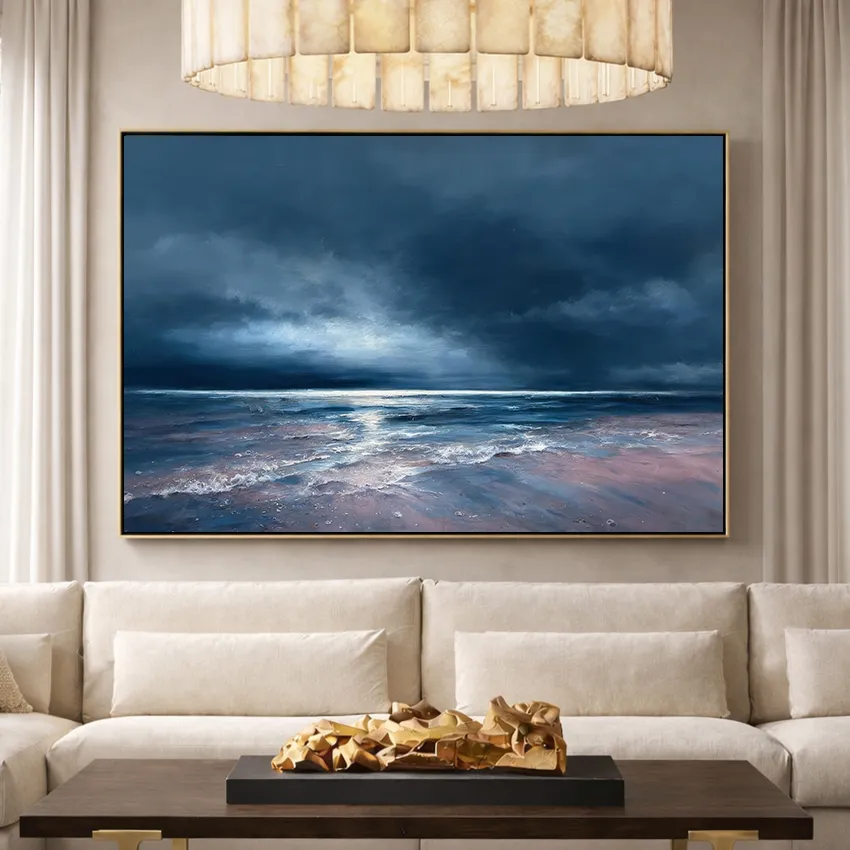 Deep Navy Storm Cloud Calm Sea Abstract Wall Art for Calm Power