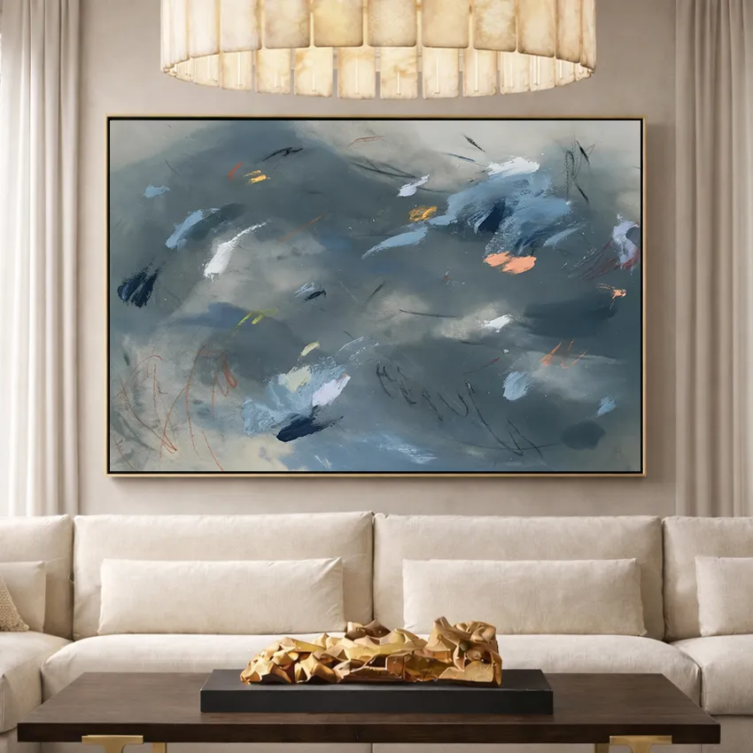 Moody Slate Blue White Brush Flecks Abstract Wall Art for Calm Depth