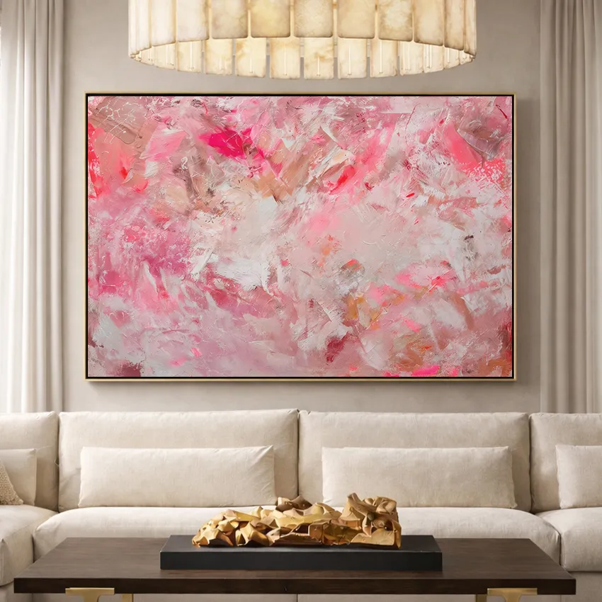 Lively Pink Coral White Feather Brush Abstract Wall Art for Romance