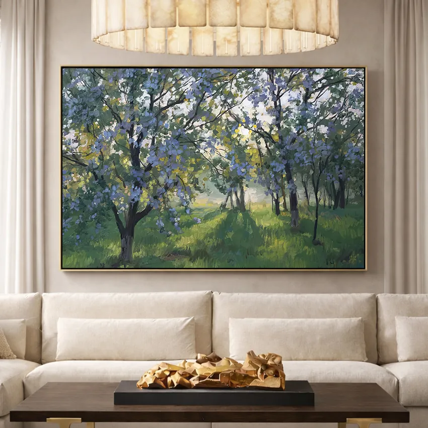 Impressionist Purple Blossom Trees in Sunny Orchard Landscape Wall Art