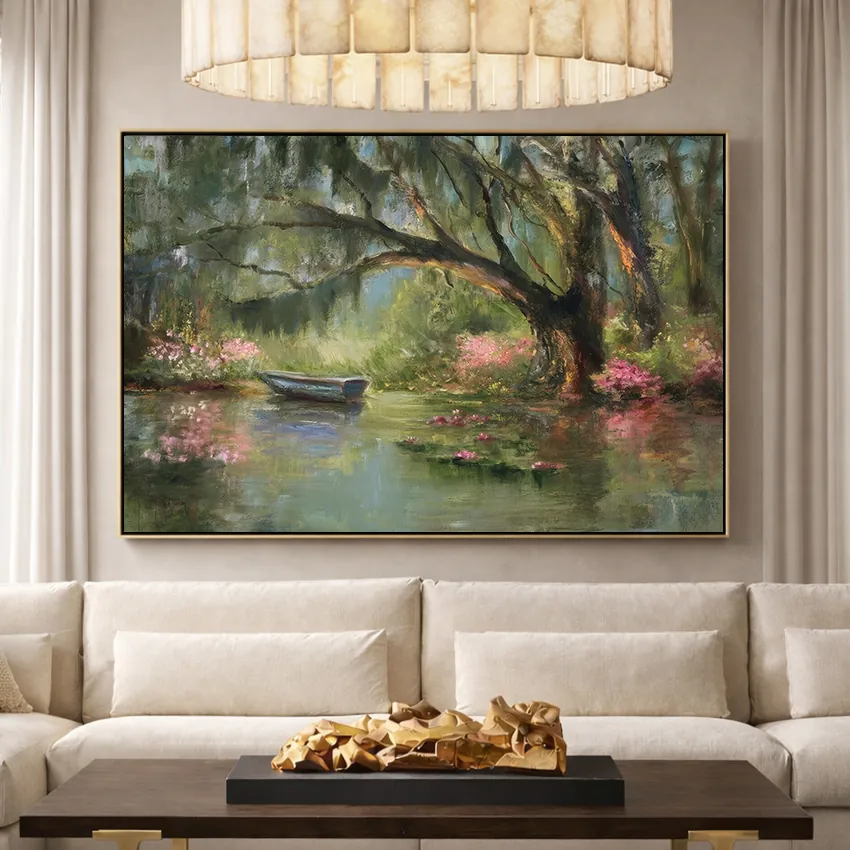 Impressionist Boat on Lake under Blossoming Oaks Landscape Wall Art