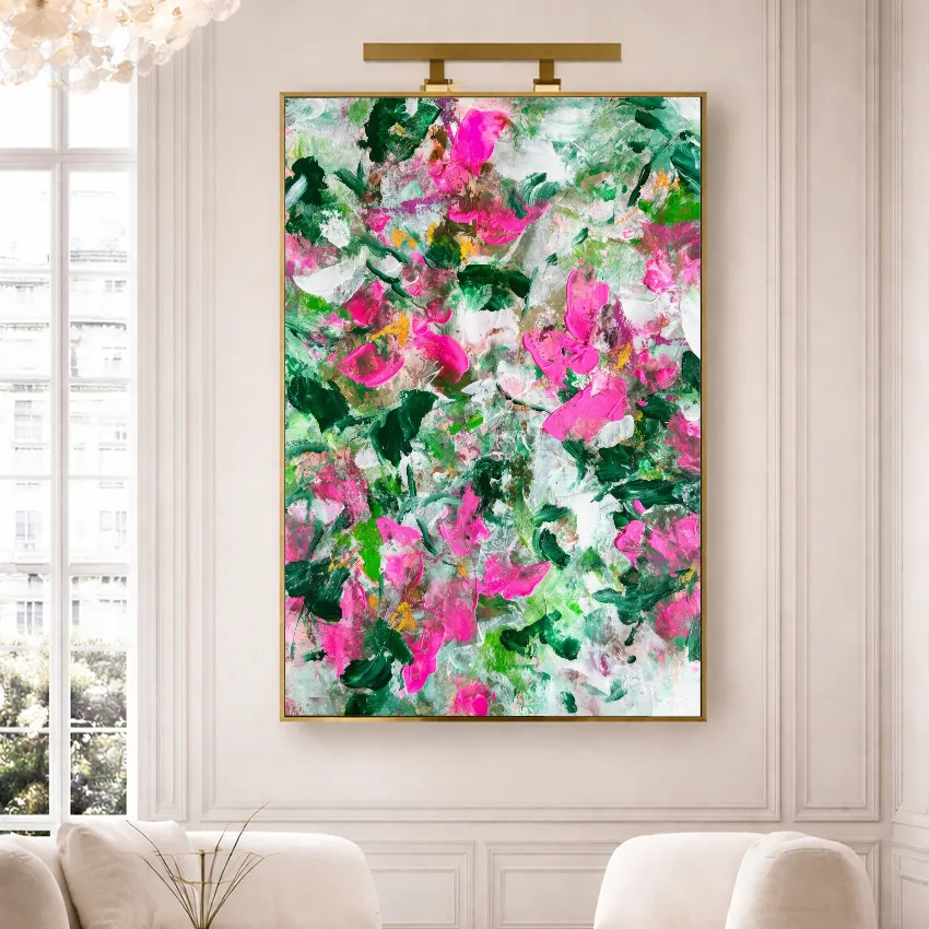 Abstract Pink Bougainvillea and Green Leaves Floral Wall Art