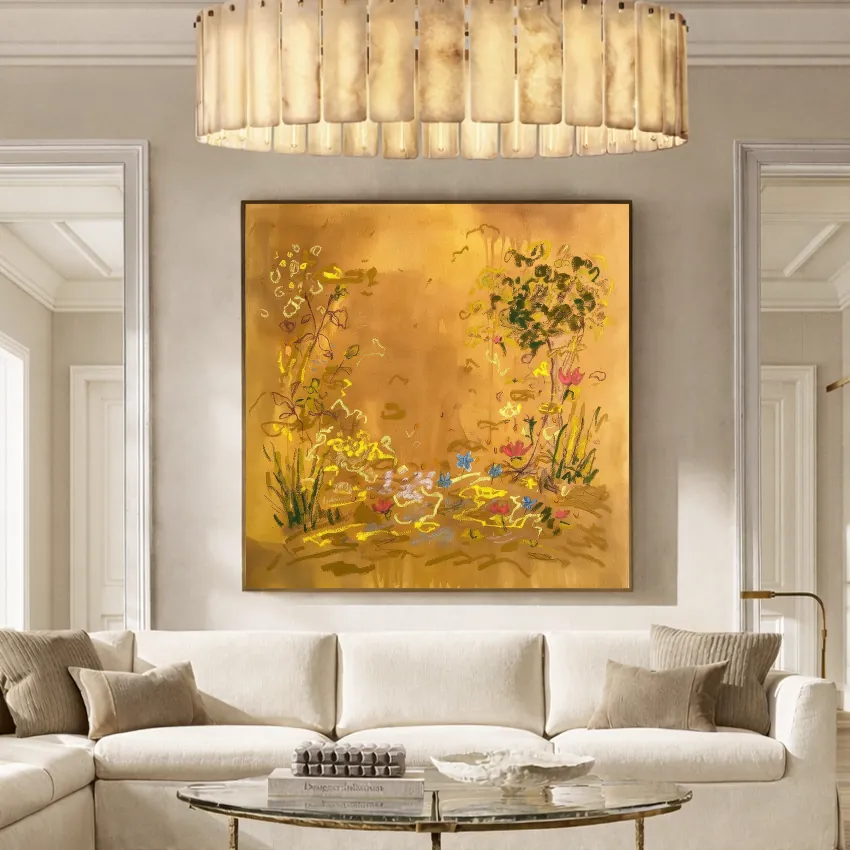 Golden Blossoms on Orange | Floral Wall Art