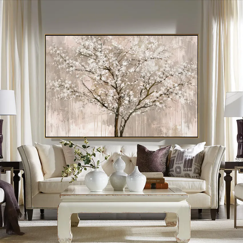 White Blossom Tree on Beige | Floral Wall Art