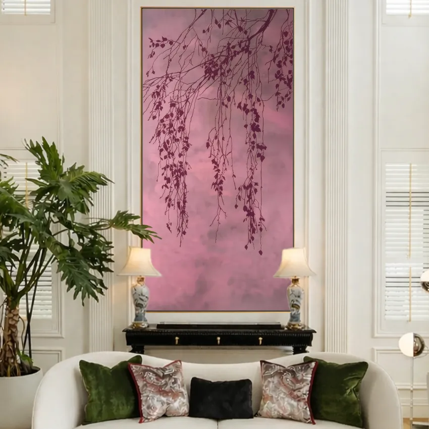 Plum Hanging Branches on Pink | Floral Wall Art