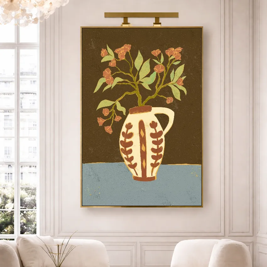 Coral Flower Branches in a Patterned Jug | Floral Wall Art